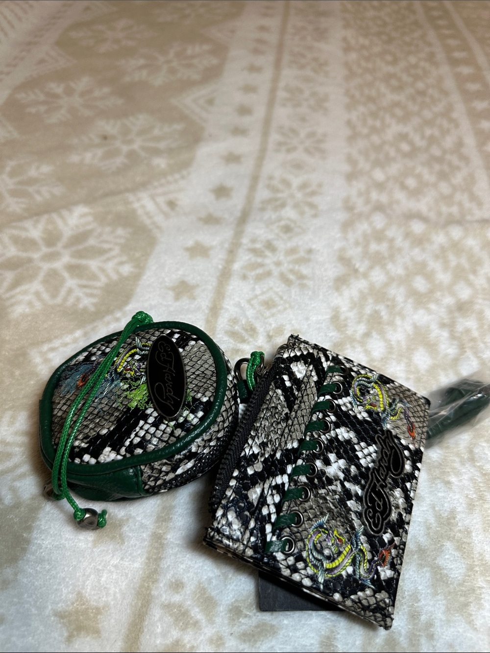 Ed Hardy Black & Green Snake-Print Reptile Accessory Pouch Set